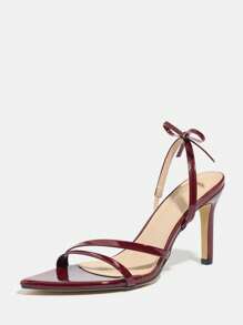 Jin Bei Qi 女士金属带后系带蝴蝶结尖头细高跟凉鞋，优雅奢华时尚派对宴会风格，酒红色高跟鞋