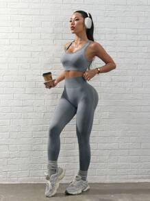 无缝瑜伽基本款运动背心和紧身裤 - 淺灰色 - 查看 6