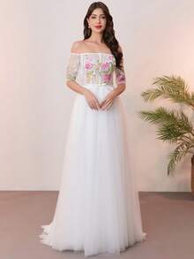 3D立体花卉蕾丝刺绣亮片婚纱，优雅写真礼服 - Ivory - 查看 2