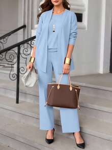 Bộ đồ nữ cỡ lớn 3 món màu trơn, phong cách thường ngày: Áo khoác/áo cardigan + Áo không tay cổ tròn + Quần ống đứng cạp chun, chất liệu mềm mại, co giãn, dáng rộng, thoải mái khi đi làm, thích hợp cho mùa xuân/thu/đông và mùa hè thanh lịch. - Màu trời - Xem 3