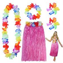 A Set Hula Outfits Hawaiian, Hawaiian Flower Skirts For Women Dress Outfits Tropical Grass Skirts Fortuning'S Costume For Beach Party Favors Halloween Cosplay,Grass Skirt Flower Accessories In Yellow, Green, And Rose Red.