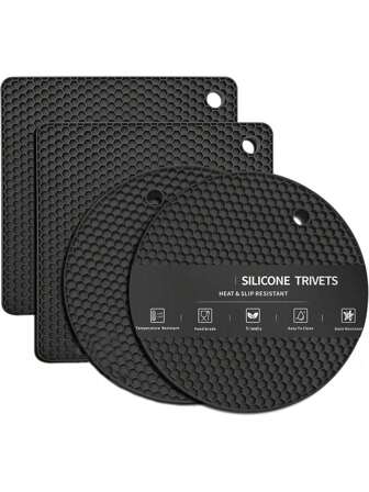 4 件黑色耐热餐垫桌面杯垫，4 件装，多用途硅胶隔热垫，微波炉垫，厨房隔热垫，热菜隔热垫，餐垫，适用于火锅锅、碗、厨房台面，耐热，万圣节，不给糖就捣蛋，10 月 31 日