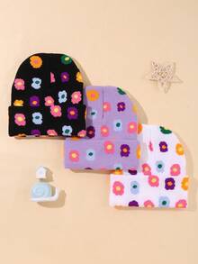 3pcs Knitted Hat With Floral Pattern For Boys And Girls; Suitable For Daily Casual Wear In Spring, Autumn And Winter To Keep Warm. - Multicolor - View 2