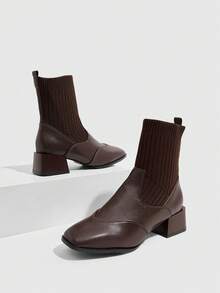 女士复古拼接针织弹力踝靴，2024秋冬新款，英伦风时尚方头百搭舒适中跟修身粗跟踝靴，方便穿脱 - 棕色 - 查看 6