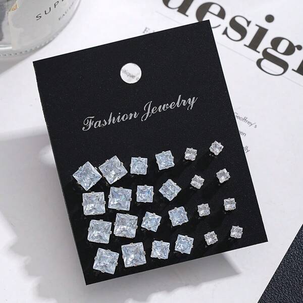 12 Pairs Minimalist Square Cubic Zirconia Stud Earrings, Unisex Delicate Earrings