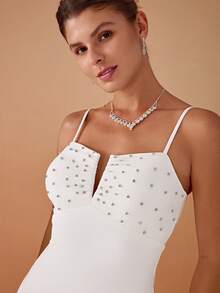 EVERPRETTY Elegant Fitted Spaghetti Strap Pearl-Embellished Mermaid Wedding Dress - White - View 5