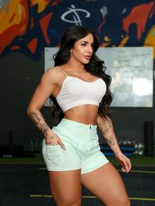 Double Zipper Shorts With Pocket Gym Athletic Leggings Wide Waistband - Mint Green - View 1