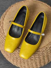 MonaNise 女士3厘米布面包跟黑色时尚百搭玛丽珍低跟粗跟优雅平底鞋，另有藏蓝色、咖啡色、酒红色可选 - 黃色 - 查看 4
