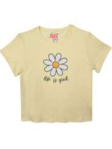 Playera Juvenil de Manga Corta en Tejido de Punto Estampada con Flor - Amarillo - Ver 2