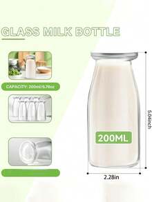 4/2/1pc /6.76OZ Glass Milk Bottle With Lid - Retro Milkshake Container, Reusable Small Milk Jar, Mini Party Bottle, Clear Glass Juice Bottle, Suitable For Party, Wedding, Picnic, Refillable, Travel Accessory (200ml) - Clear - View 7
