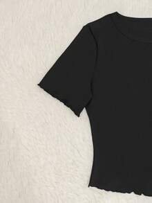 2 件女士纯色休闲甜美针织圆领短袖荷叶边下摆短裤睡衣套装，适合家居服，夏季 - 黑色 - 查看 10