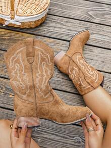 Fall/Winter Women's 2025 Spring/Autumn New Outdoor Fashion Embroidery Patchwork Slip-On Ankle Boots Western Ankle Boots, Boots For Women, Cowboy Boots - Brown - View 6