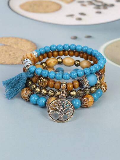 4pcs/Set Bohemian Style Layered Beaded Bracelet Set With Tassel & Tree Of Life Charm