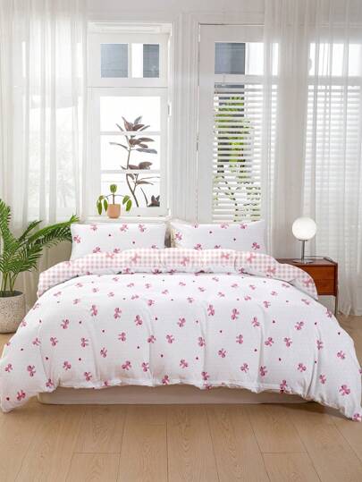 Set de 3 piezas de juego de funda nórdica con estampado de lazo (1 funda nórdica y 2 fundas de almohada) Juego de ropa de cama suave y amigable con la piel para el hogar, juego de sábanas para todas las estaciones