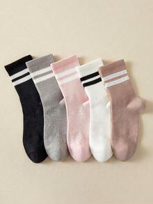5 pares de calcetines de moda a rayas de unicolor para mujer, suaves, cómodos y transpirables, calcetines casuales de tubo medio, adecuados para uso diario | Calcetines de marinero a rayas de colores, adecuados para Halloween