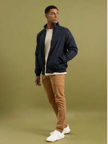 Men's Traditional High Collar Bomber Jacket With Cutouts - Navy Blue - View 5