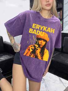 EWH 100% Pure Cotton, Make Old,Retro , Erykah Badu Character Print Vintage Casual Crewneck Top Women's Distressed Cotton T-Shirt,DG004, 230g Round-Neck T-Shirt, Wash Water, Unisex - 紫色 - 查看 5