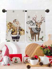 4pcs Christmas Themed Decorative Towels, Vintage Style Snowflake, Reindeer, Christmas Tree Pattern Fabric Decorative Dish Towels, Suitable For Christmas Fireplace, Dining Room, Kitchen, Christmas Decorations