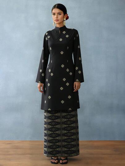 Baju Pahang Women's Elegant Mandarin Collar Floral Print Long Sleeve 2-Piece Set, Suitable For Everyday And Holiday Wear