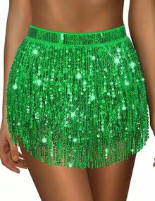 Sequin Skirt For Women Sparkly Skirt Tassel Skirts Halloween Sequin Fringe Skirts Belly Dance Glitter Rave Outfit Wrap - 綠色 - 查看 1
