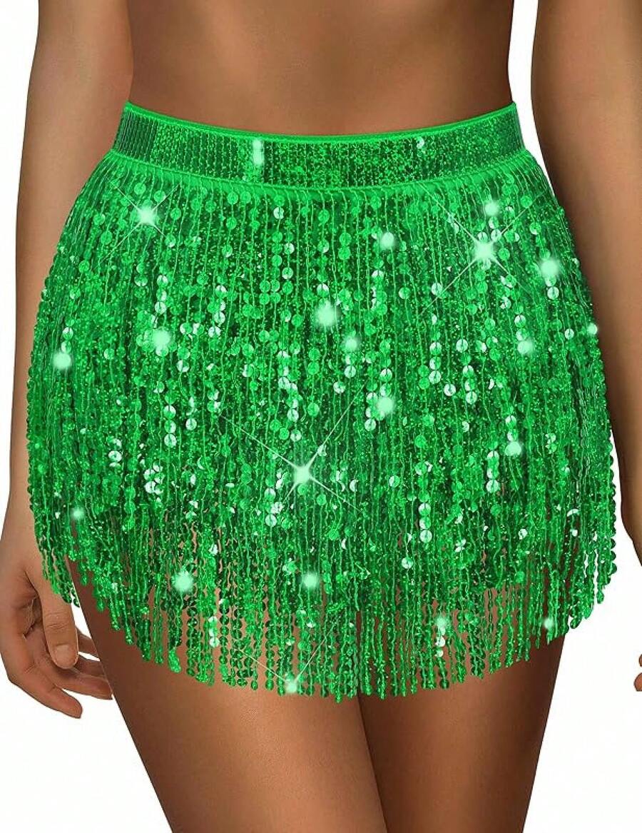 Sequin Skirt For Women Sparkly Skirt Tassel Skirts Halloween Sequin Fringe Skirts Belly Dance Glitter Rave Outfit Wrap - 綠色 - 查看 1