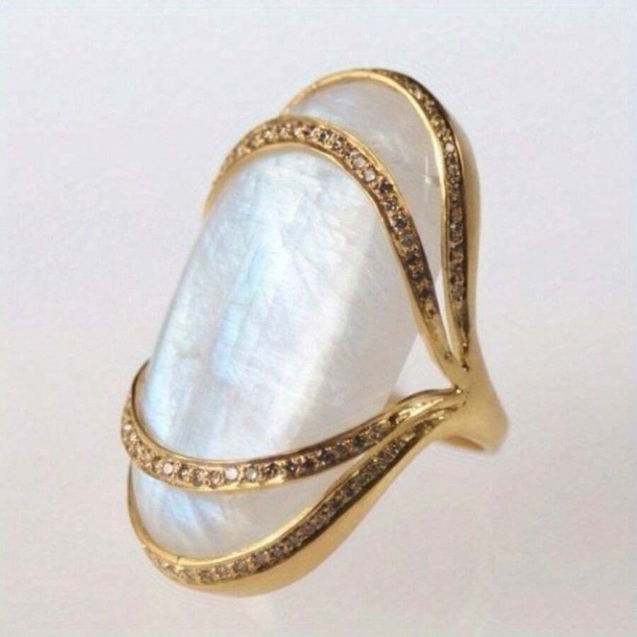 Bague vintage de luxe en or empilable avec faux moonstones pour femmes - Doré - Voir 1
