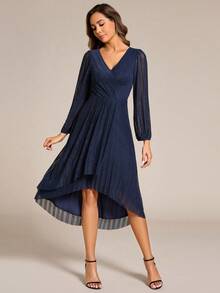 Solid Color Overlapping V-Neck Lantern Sleeve Asymmetric Hem Elegant Bridesmaid Dress