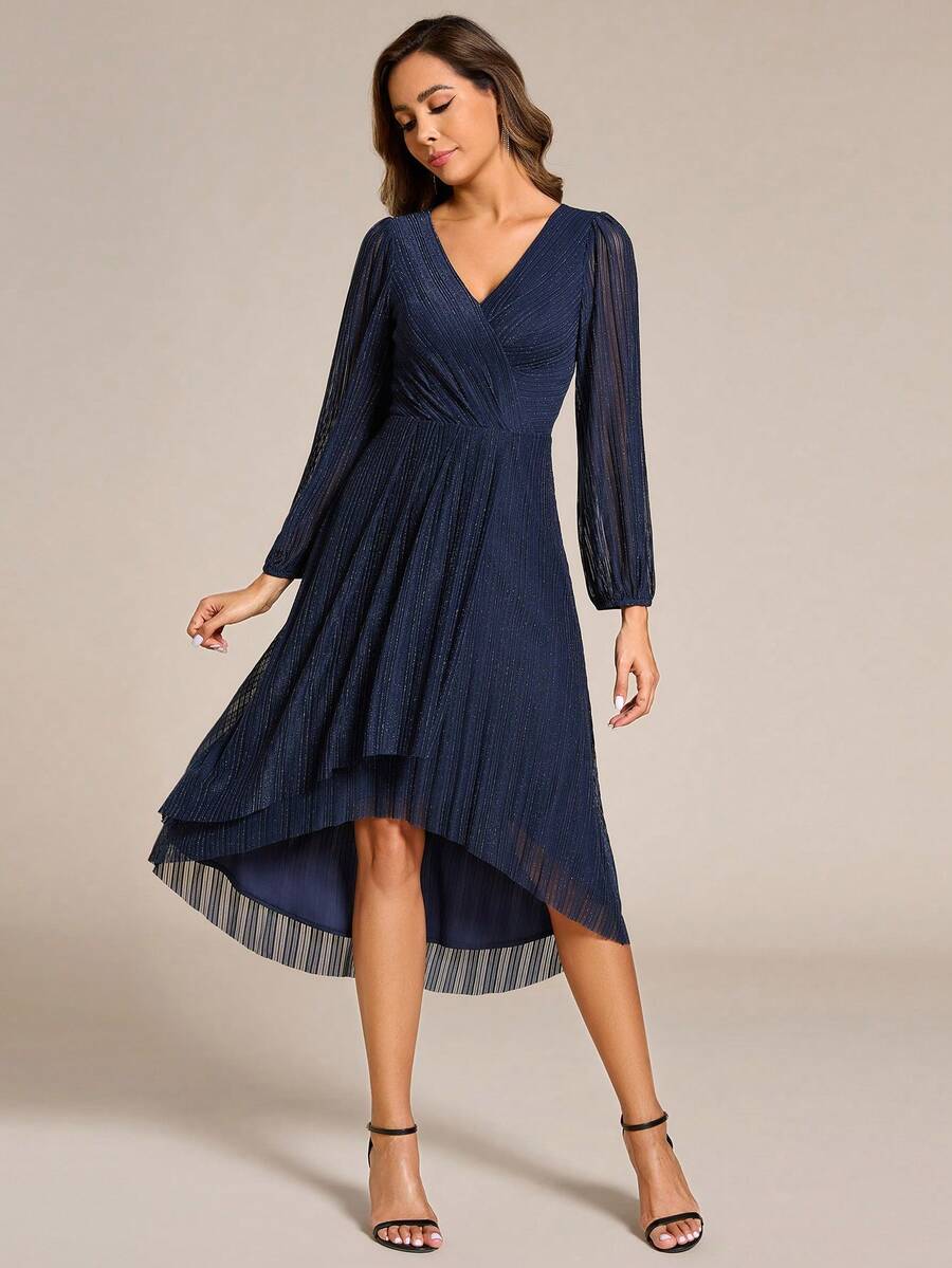 Solid Color Overlapping V-Neck Lantern Sleeve Asymmetric Hem Elegant Bridesmaid Dress