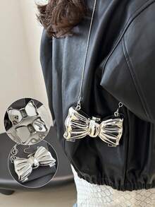 Exquisite Small Shoulder Bag For Women Glittery Magnetic Closure Bow Shaped Crossbody Purse With Chain Strap Perfect As Valentine's Gift For Wife - Bạc - Xem 1