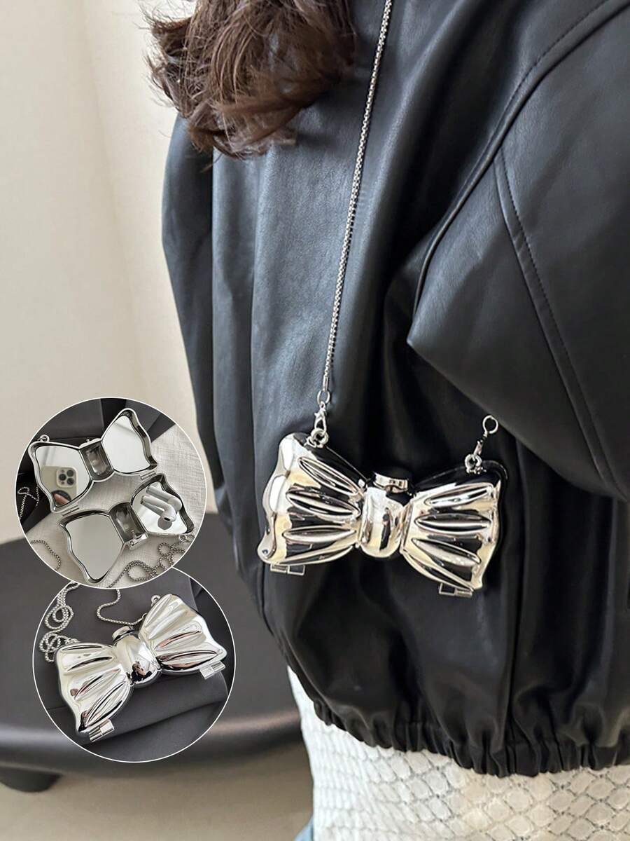Exquisite Small Shoulder Bag For Women Glittery Magnetic Closure Bow Shaped Crossbody Purse With Chain Strap Perfect As Valentine's Gift For Wife - Bạc - Xem 1