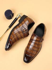 Men's Alligator Pattern Buckle Pointed Toe Monk Shoes, Vintage Style Business Semi-Formal Party Dress Shoes, Suitable For Summer And Autumn
