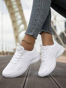 Women's Breathable Mesh Sneakers, Lightweight White Athletic Running Shoes For Women, Fashion Casual Walking Shoes With Anklet - Perfect Gift Idea - 白色 - 查看 2