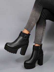 秋冬优雅女士高跟踝靴，带扣，系带，侧拉链设计，黑色美式踝靴适合日常穿着，四季靴子，女士靴子 - 黑色 - 查看 1