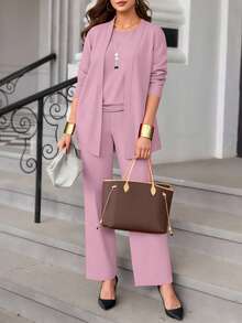 三件套加大码女式休闲纯色套装：外套/开衫 + 圆领无袖上衣 + 松紧腰直筒裤，柔软弹力面料，宽松版型，通勤舒适，春/秋/冬皆宜，优雅百搭。 - 淺粉色 - 查看 3
