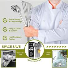 GJL   Stainless Steel Kitchen Utensils Set - 12pcs Cooking Utensils Set With Holder, Heat Resistant Kitchen Tool Set For Cooking With Turners, Potato Masher, Spatula, Spoons, Tongs, Whisk - 銀色 - 查看 9