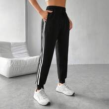 Urban Style Pants Jogger Mujer Gym Slim Fit Dama Deportivos  A rayas  Color combinado    Básico    Bolsillo  Raya lateral  Nudo    Diario - Negro - Ver 1