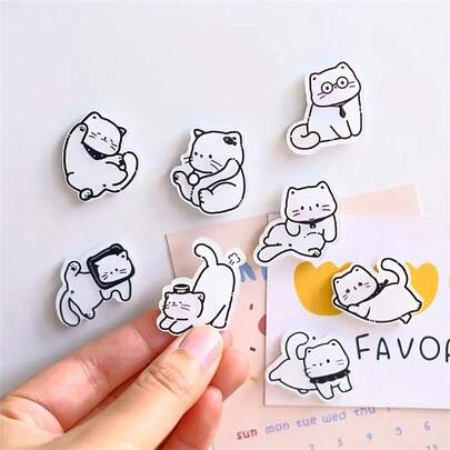浪漫猫咪磁铁套装，黑白塑料矩形冰箱贴，可爱卡通猫咪装饰，适用于白板和学习笔记