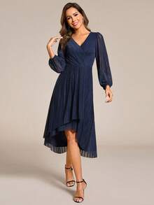 Solid Color Overlapping V-Neck Lantern Sleeve Asymmetric Hem Elegant Bridesmaid Dress