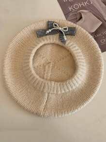 1pc Women's Bow Beret Hat, Casual Warm Knitted Fuzzy Painter Beret Cap, Large Circumference, Versatile, Suitable For Outdoor, Dating, Gathering, Daily Use, Autumn/Winter Autumn Accessories