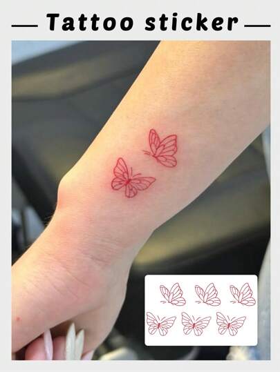 1 Stück minimalistisches künstlerisches rotes Schmetterling Muster Temporärtattoo, wasserfest & schweißfest, hält 1-3 Tage, geeignet für Frauen, kann am Schlüsselbein oder am Handgelenk aufgetragen werden