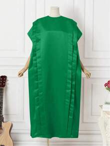 Đầm nữ cỡ lớn màu trơn cổ tròn tay cánh dơi dáng rộng thoải mái, thanh lịch cho mùa hè - màu xanh lá - Xem 1