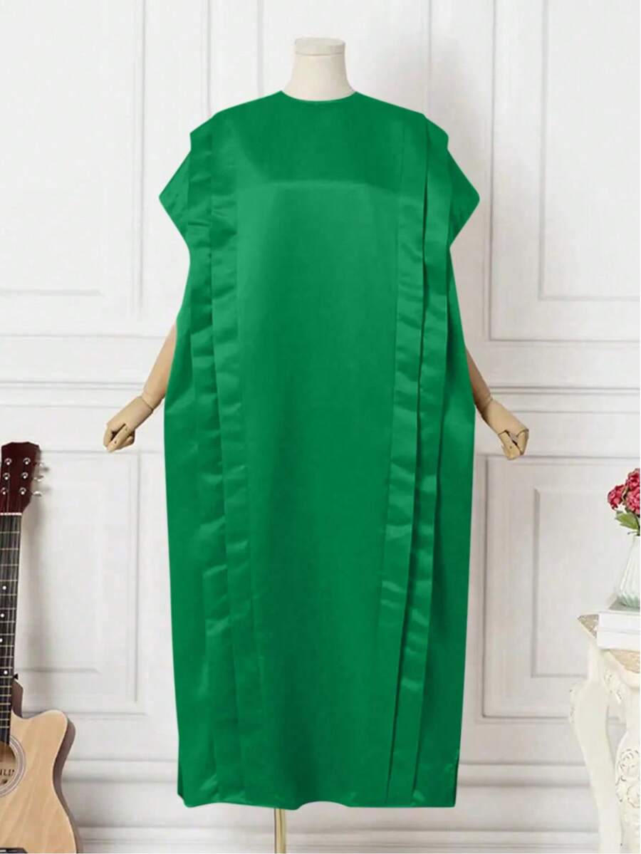 Đầm nữ cỡ lớn màu trơn cổ tròn tay cánh dơi dáng rộng thoải mái, thanh lịch cho mùa hè - màu xanh lá - Xem 1