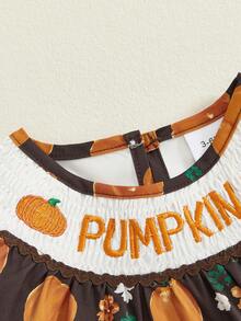 Newborn Girl Outfit, Long Sleeve Crew Neck Pumpkin Flowers Print Romper With Hairband Halloween Clothes - Black - View 7