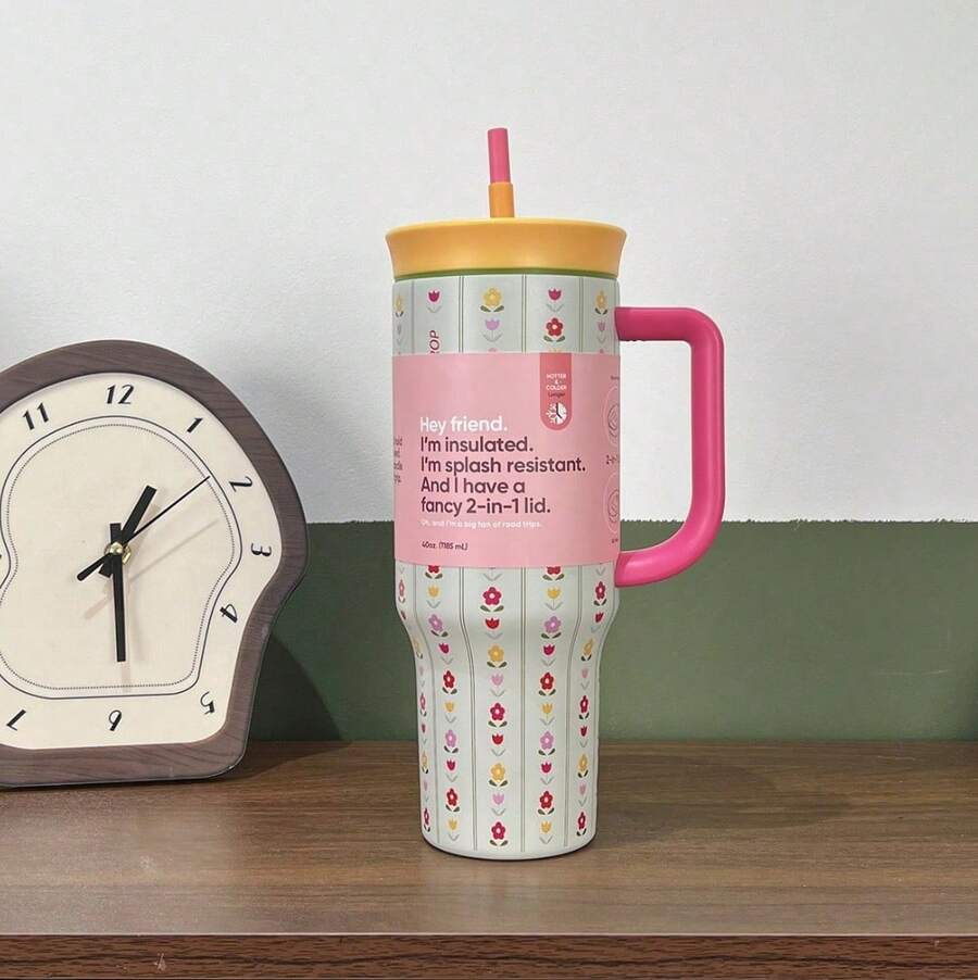 [Christmas Gift]40oz/1185 Ml Straw Insulated Water Bottle Double Wall Stainless Steel Vacuum Insulated Cup For Students Outdoor Travel Sports Water Bottle - 花 冠 - 查看 1