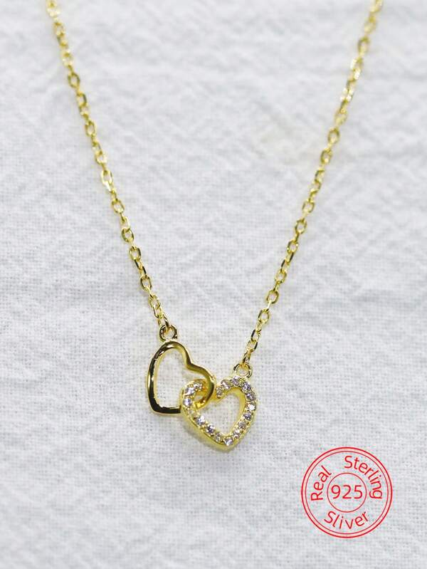 1pc Elegant S925 Sterling Silver Cubic Zirconia Double Heart Pendant Necklace, Suitable For Women's Casual, Party, And Daily Wear, High-Quality Jewelry Gift - Silver Weight 1.73g