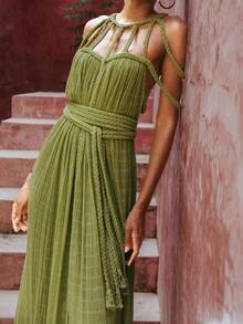 1Pcs Women's Hollow Backless Braided Lace-Up Long Cover-Up Boho Dress, Sexy Off-Shoulder Sleeveless Cover-Up Sunscreen Dress, Suitable For Vacation/Beach/Travel/Party - 黃綠 - 查看 1