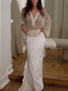 Yuwenier Sexy Plunging Neck Hollow Out Seethrough Sequin Crochet Cover-Up Batwing Long Sleeve Loose Fit Tops Going Out Party Halloween Outfits For Women - Apricot - View 4