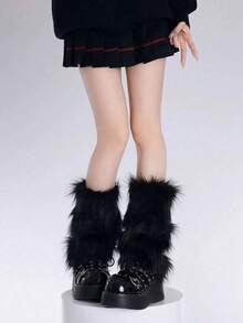 1 Pair Y2K Fuzzy Leg Warmers, Solid Color, Fashionable Women's Leg Warmer, Stylish Accessory | Bright Appearance | Fluffy Appearance, Comfortable Socks, 1 Piece Solid Color Faux Fur Leg Warmers, Women's Warm Fuzzy Boot Covers, Thigh High Socks, Gothic Style, Cute Socks, Fuzzy Socks, Valentine's Day - Leg Covers - View 4