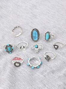 10 piezas Anillos apilables de aleación de zinc con estilo bohemio vintage, con incrustaciones de cactus y turquesa para mujeres - Plata antigua - Ver 2