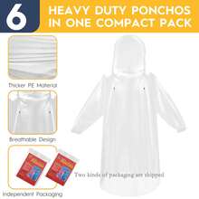6 Pack Einweg-Regenponcho für Damen und Herren - wasserdichte PE-Regenmäntel mit Kordelzug, Camping/Wandern/Notfall, verstärkte Damen- und Herren-Regenmäntel, transparente Regenmäntel mit Kapuze